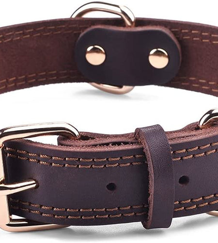 Dog Collar, Genuine Leather Dog Collar, Heavy Duty Dog Collar, Wide Dog Collar for Small Dog, Medium Dog, Large Dog and Extra Large Dog (M: 1" Wide for 15.2"-19.2" Neck, Dual Stitch - Brown)