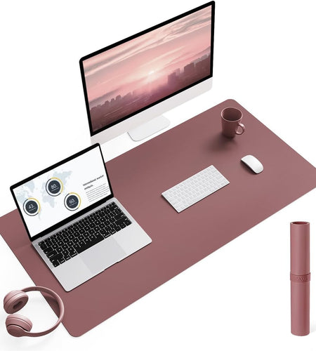 Non-Slip Leather Desk Pad L Size, Waterproof Laptop Computer Desk Keyboard Mat, Table Protector Blotter Mat, Large Mouse Pad for Office/Work/Home/Decor(Dark Pink, 35.4" X 17")
