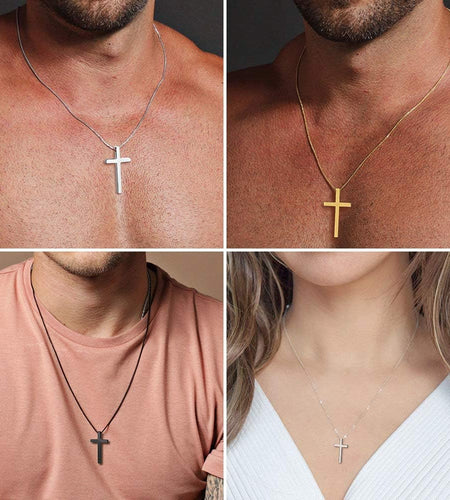 Easter Basket Stuffers - Cross Necklace for Men Teen Boys, Silver Black Gold Stainless Steel Plain Cross Pendant Necklace Box Chain 16-30 Inch