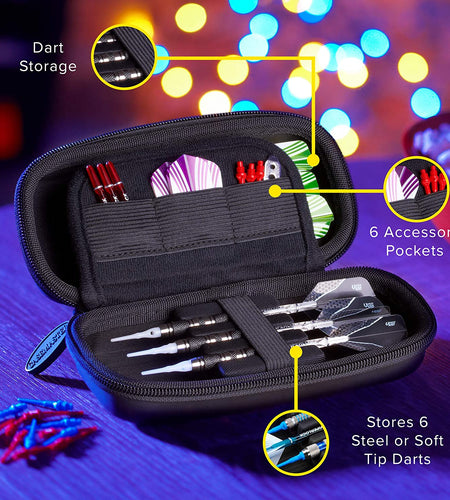 Sentry Dart Case Slim EVA Shell for Steel and Soft Tip Darts, Hold 6 Darts and Features Built-In Storage for Flights, Tips and Shafts