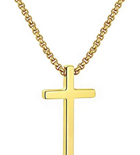 Easter Basket Stuffers - Cross Necklace for Men Teen Boys, Silver Black Gold Stainless Steel Plain Cross Pendant Necklace Box Chain 16-30 Inch