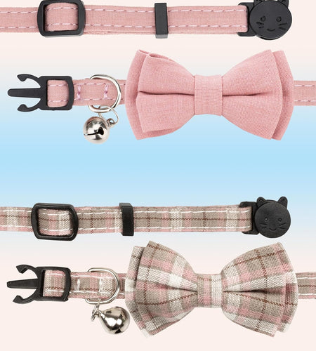 Cat Collar Breakaway Bowtie Safety with Bell Adjustbale Kitten Puppy Solid Plaid Color Set D-[2Pcs] Pink-2