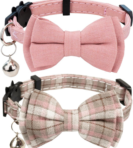 Cat Collar Breakaway Bowtie Safety with Bell Adjustbale Kitten Puppy Solid Plaid Color Set D-[2Pcs] Pink-2